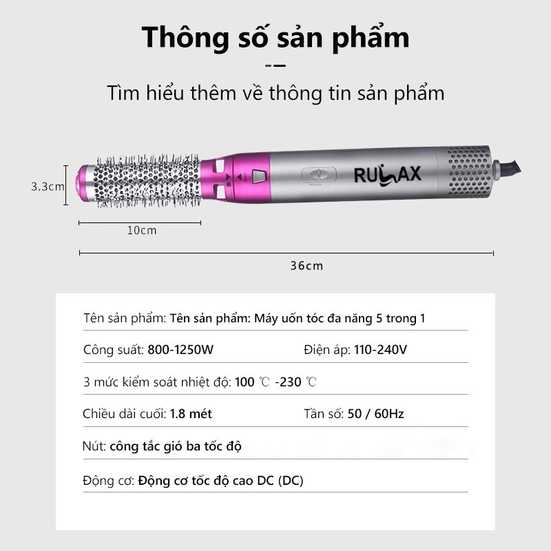 Máy Sấy Tóc Tạo Kiểu 5 In 1 Đa Năng RULAX, Uốn, Duỗi, Là Thẳng, Làm Phồng Kèm Lược Điện Đa Năng, Tiện Lợi Khi Đi Du Lịch