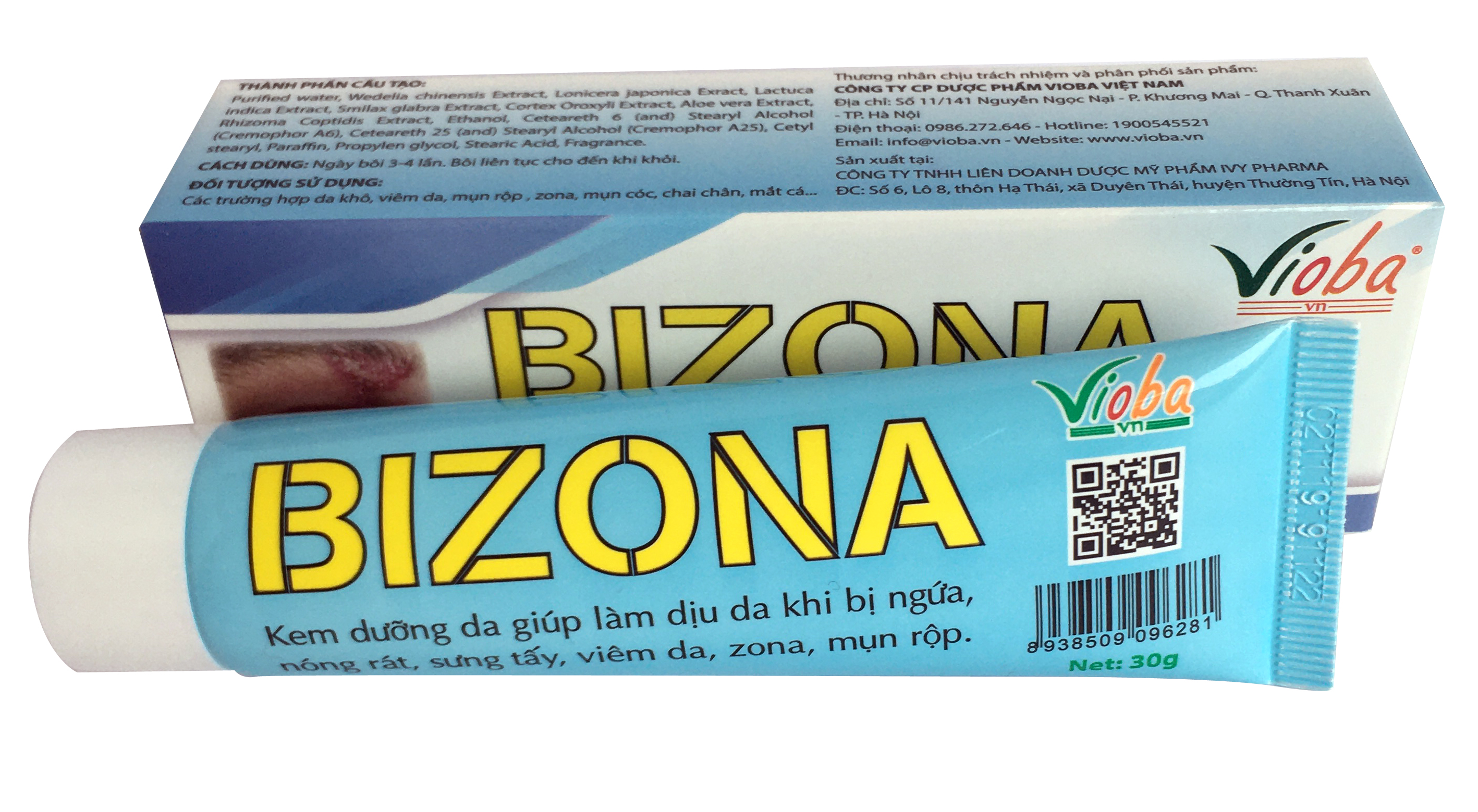 Bộ đôi kết hợp uống và bôi ngoài da: Bizona và kem Bizona - Giải độc dị ứng, giảm mẩn ngứa ngoài da, sẩn mề đay, rôm sảy. Giảm đau bụng, tiêu chảy, buồn nôn do dị ứng thức ăn. Sản phẩm của Vioba, hộp 60 viên &amp; tuýp 30g