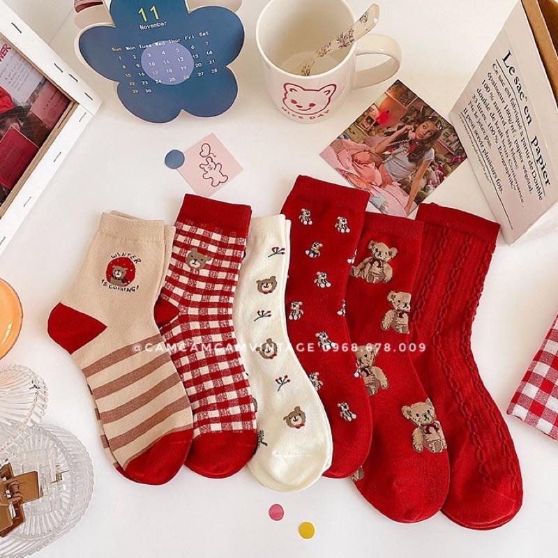 SET TẤT CỔ CAO NAM NỮ TẤT LOLITA , TONE ĐỎ VINTAGE , SET TẤT QUÀ TẶNG NOEL QUÀ SINH NHẬT VỚ NGẮN CỒ