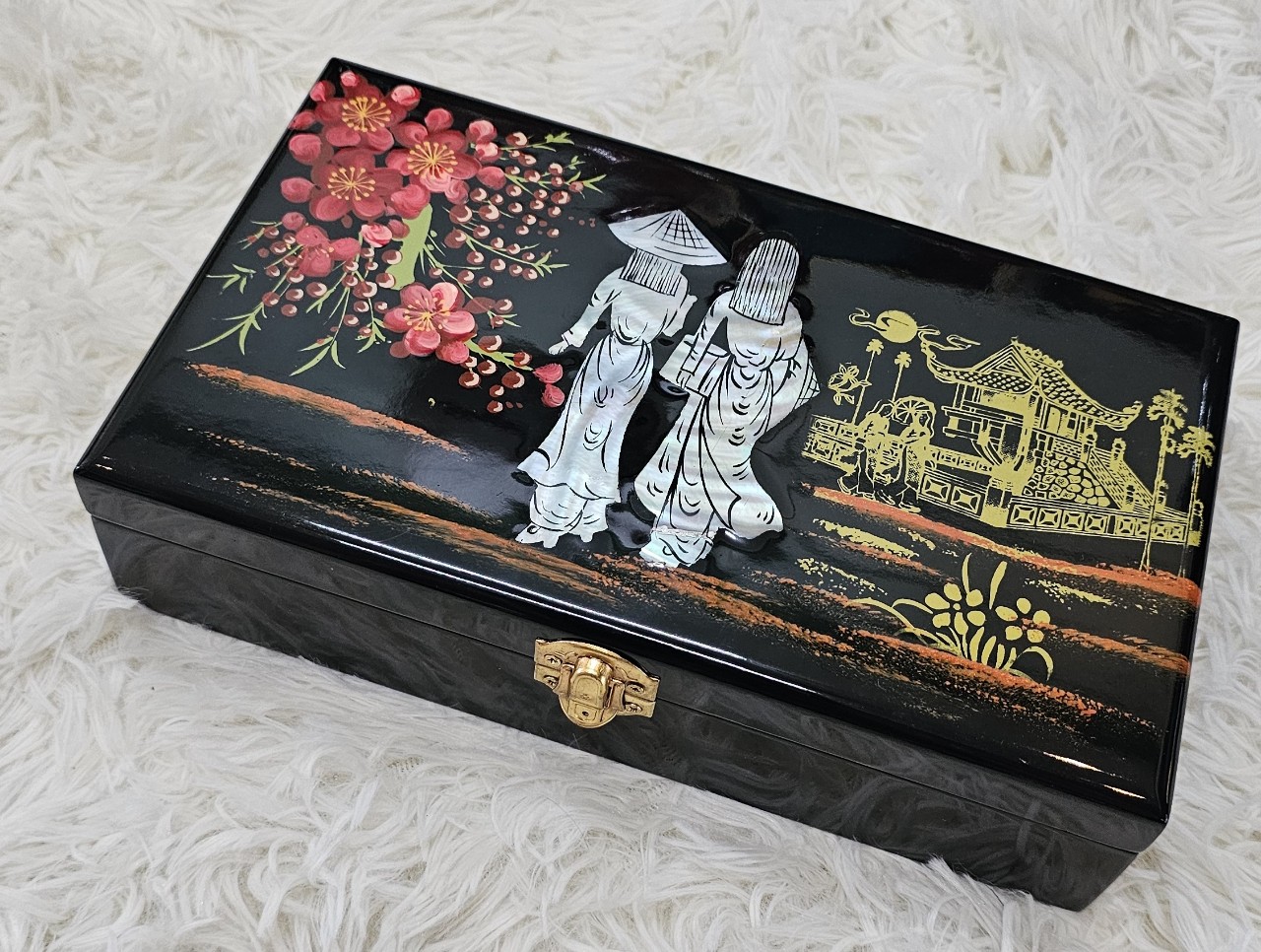Hộp nữ trang sơn mài cẩn ốc chìm Cao Cấp size 14x24x6 cm đựng đồ trang sức, vật dụng nhỏ xinh, trang trí, làm quà tặng ý nghĩa