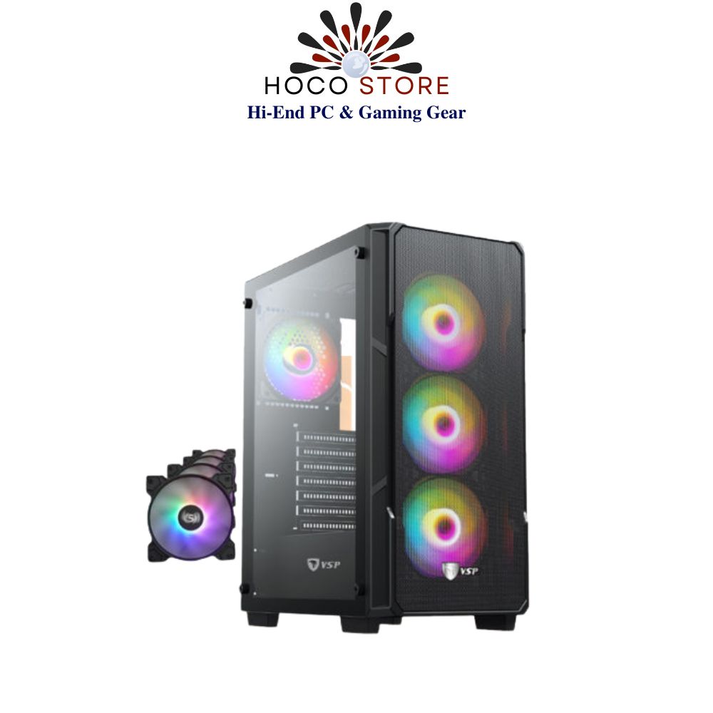 Vỏ Case Máy Tính VSP Gaming KA28 + 4 Fan Led 120mm - Case ATX, mặt trước lưới, hông kính cường lực - Hàng Chính Hãng