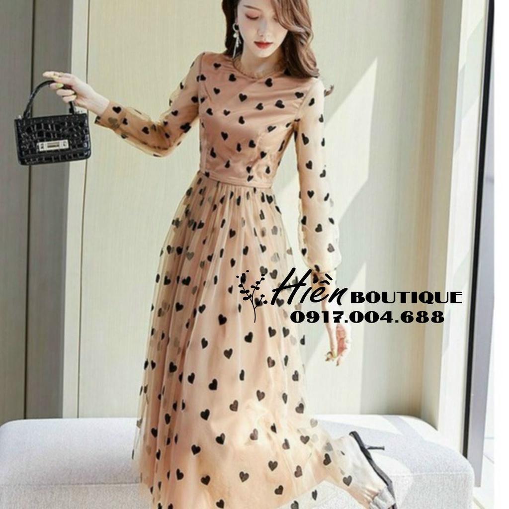 Đầm Ren Phối Hoạ Tiết Tim Siêu Xinh - Váy Đầm Maxi Đi Biển Cổ Tròn Dáng Dài Ren Lụa Cao Cấp Cho Nàng Công Sở