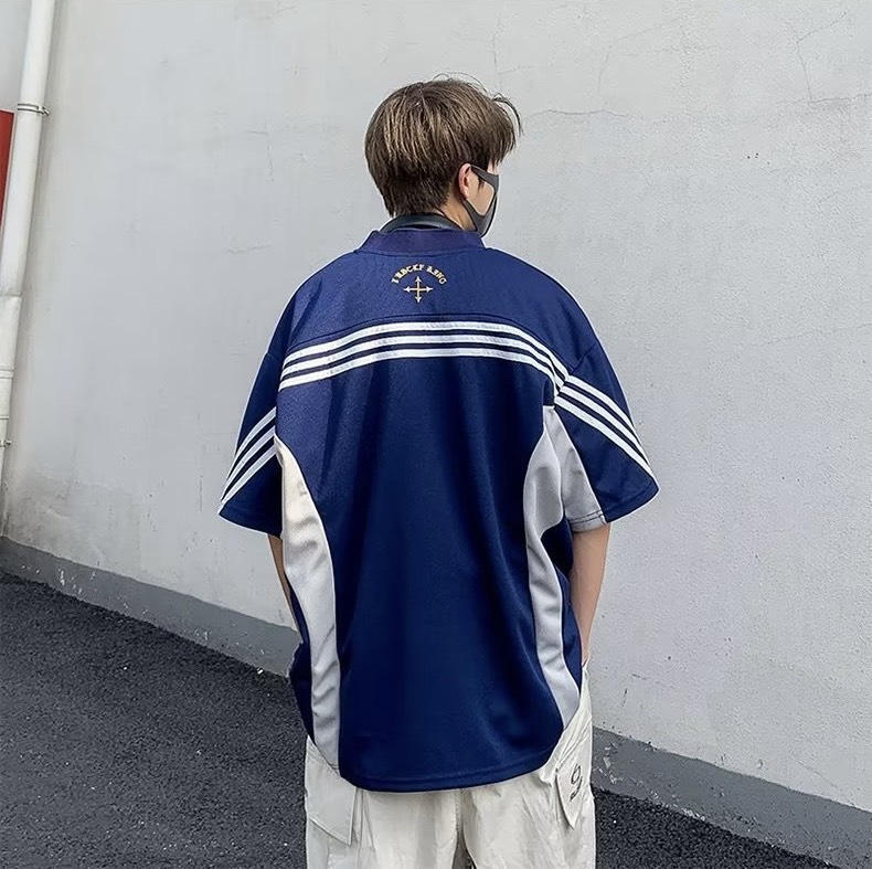 Áo phông nam nữ form rộng 2N Unisex thun thể thao sọc sau màu xanh/đen