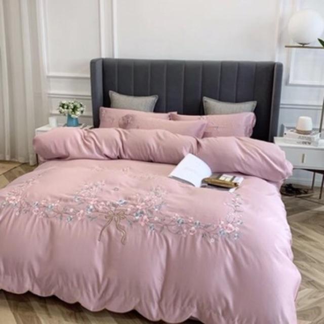Set Cotton Lụa Thêu 2020 Cao Cấp Hàng Nhập Khẩu 5 món Hoa Khung Nguyệt Quế May Mắn Màu Hồng Phấn