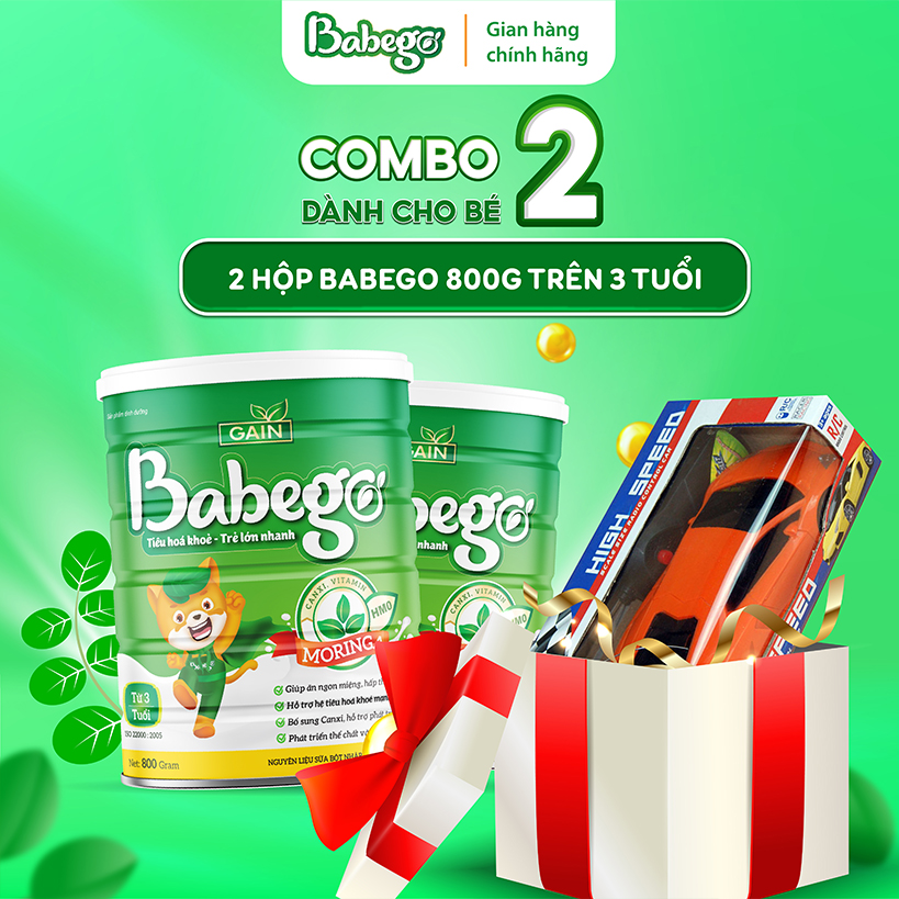 (Tặng bộ ô tô đồ chơi) Combo 2 lon sữa mát tăng cân, cải thiện biếng ăn Babego 3 tuổi trở lên
