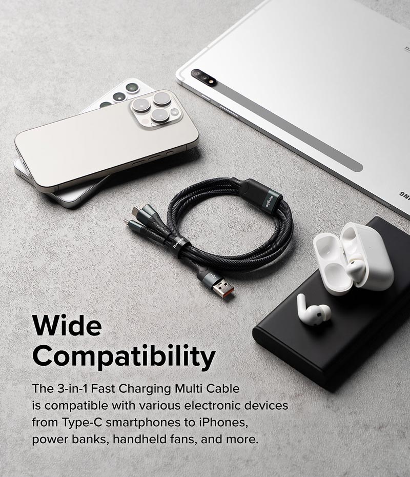 Cáp sạc nhanh đa năng cho điện thoại/tablet RINGKE 3-in-1 Fast Charging Multi Cable 1.2M - Hàng Chính Hãng