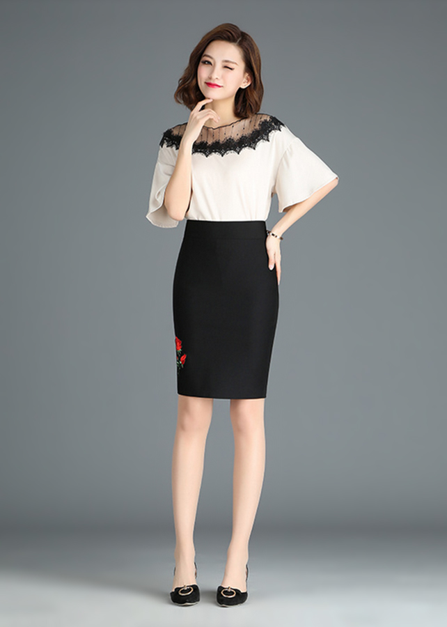 Chân Váy Thun Nữ Titishop CV89 - Đen Thêu Hoa