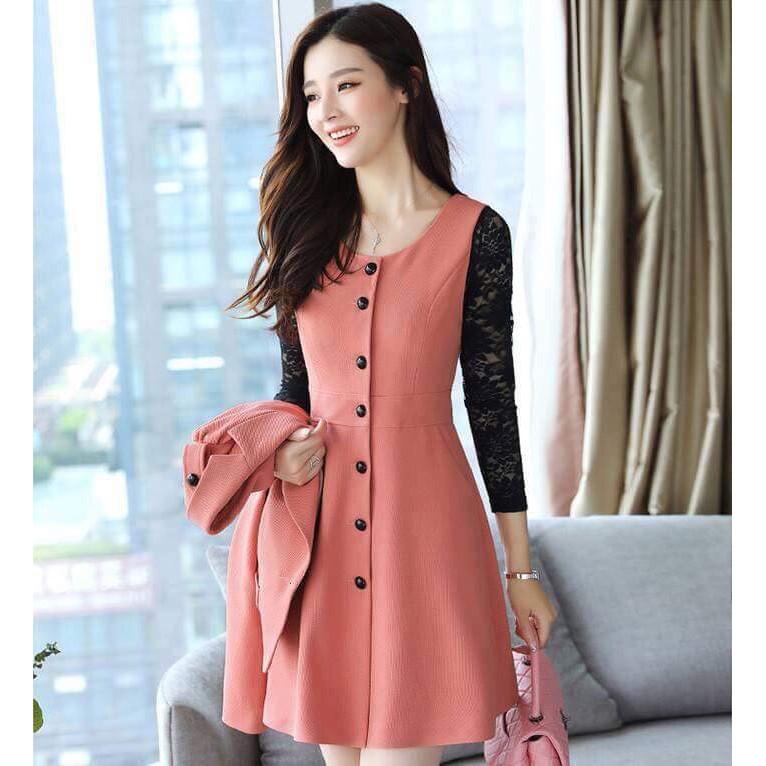 HOT Set áo vest đầm liền đính cúc tay phối ren DVNL21