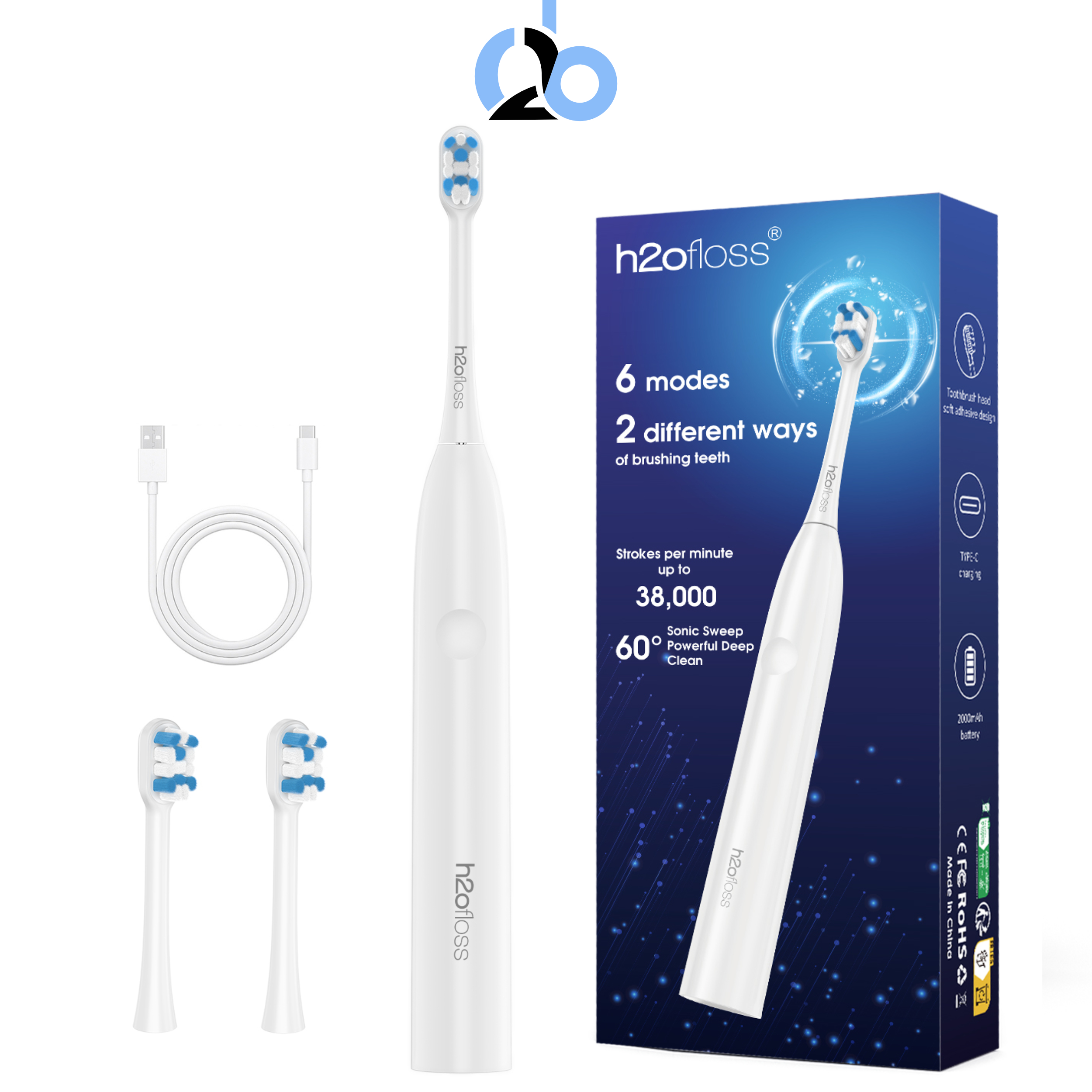 Bàn chải đánh răng điện H2ofloss BT 01, bản nâng cấp với cảm biến lực và tính năng tự bật tắt