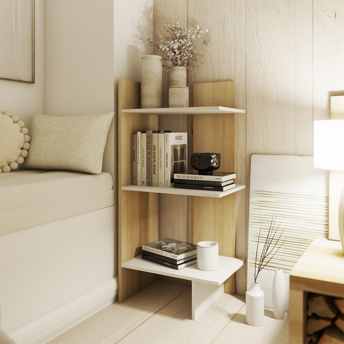 SB Furniture, KC-PLAY, Peak-S Shelf, White and Lindberg Oak, W45XD30XH90 cm.