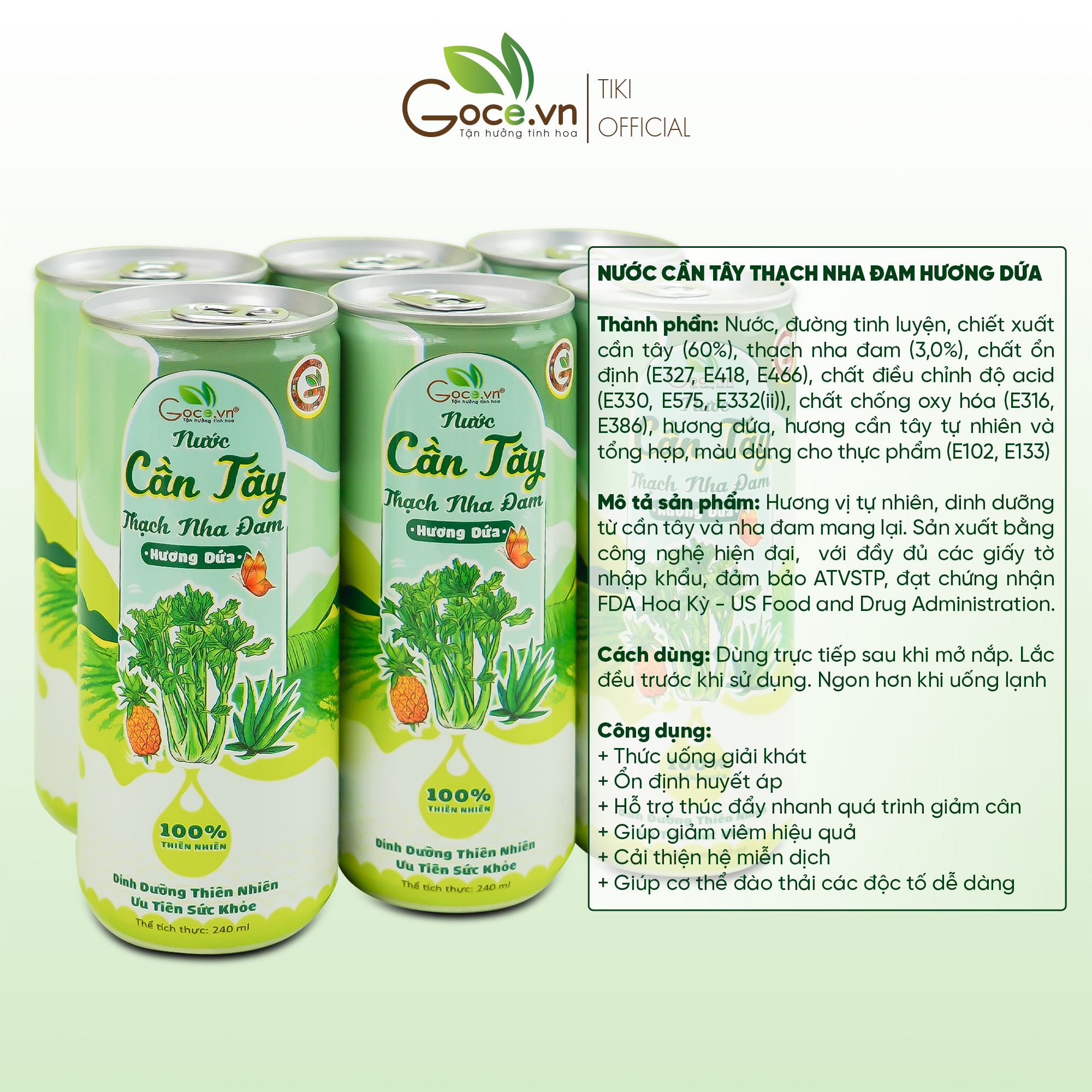 1 Lốc (6 Lon) - Nước cần tây thạch nha đam hương dứa Goce - 240ml