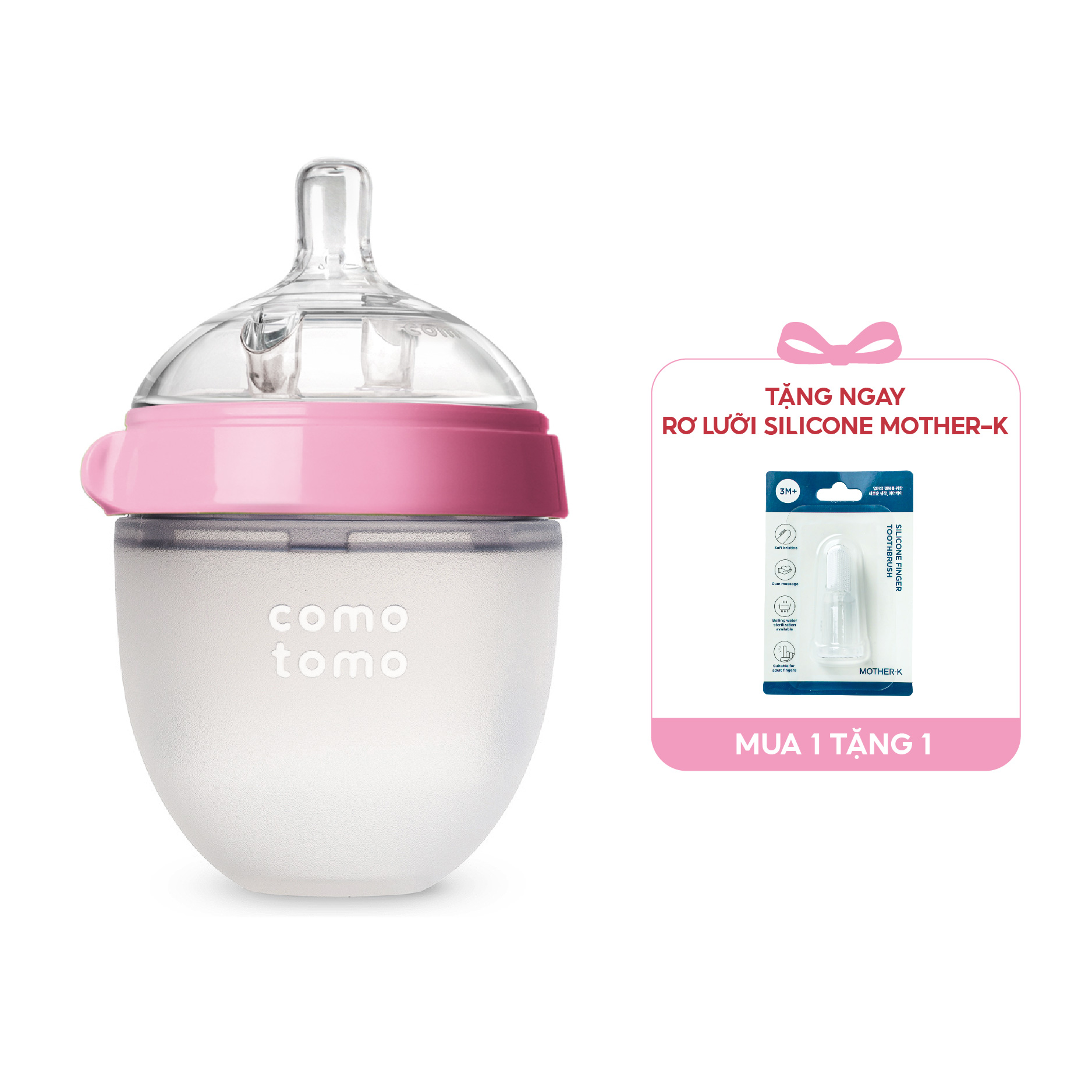 Bình sữa silicone Comotomo 150ml - Hồng Tặng Rơ lưỡi Silicone Mother-K Hàn Quốc