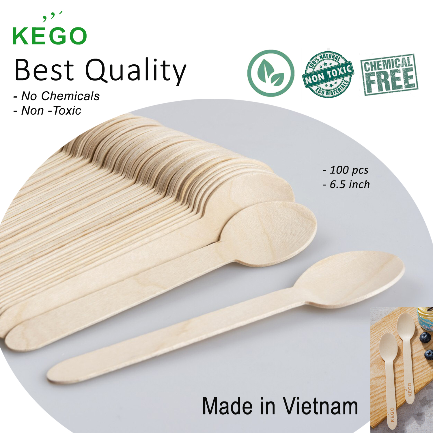 Muỗng (Thìa) Gỗ 16cm -Túi 20 Muỗng - KEGO| Sản xuất tại Việt Nam| 100% phân hủy tự nhiên| An toàn và tiện lợi| Bảo vệ môi trường| Dùng muỗng thìa gỗ cho picnic, party sinh nhật