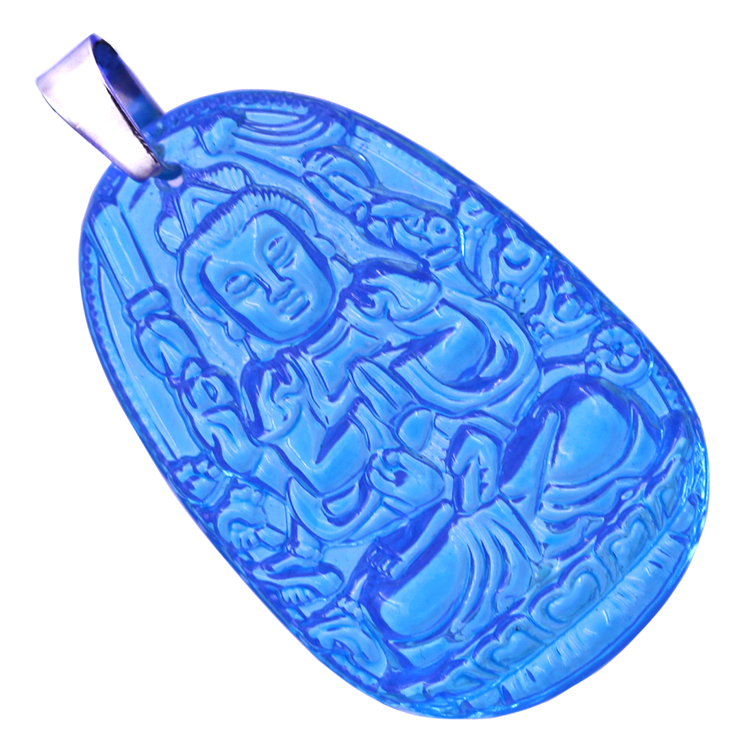 Mặt Phật Thiên thủ thiên nhãn thuỷ tinh xanh biển 3.6 cm kèm móc và vòng cổ dây cao su đen, Mặt Phật bản mệnh