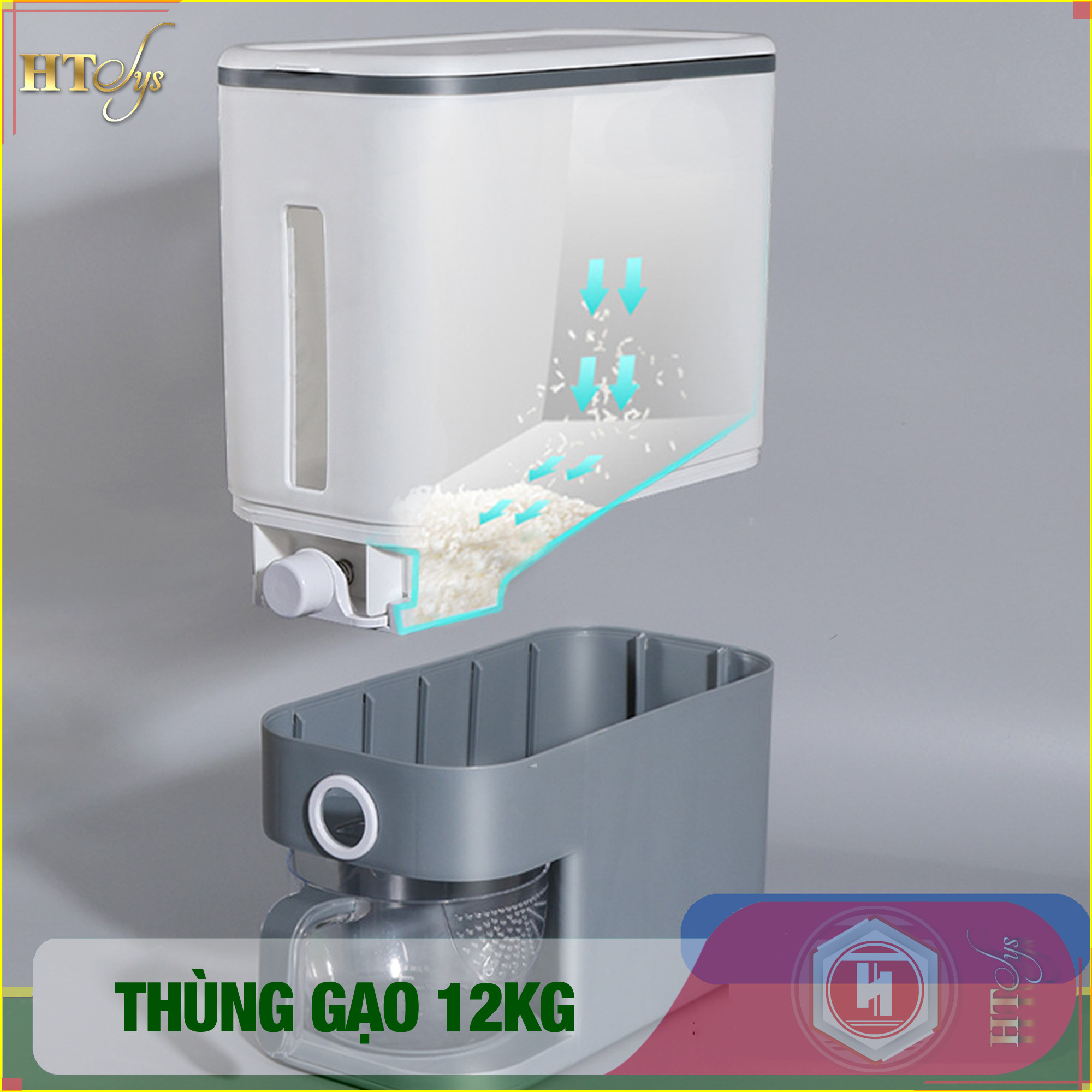 01 Thùng đựng gạo thông minh 12kg HT SYS, thiết kế dạng nhấn nút, chất liệu ABS cao cấp + 01 Vỉ móc Vàng Tài Lộc + 04 Khăn lau siêu thấm