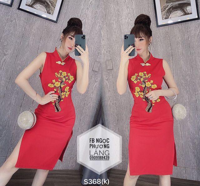 Đầm sườn xám đính hoa mai + quần short lót