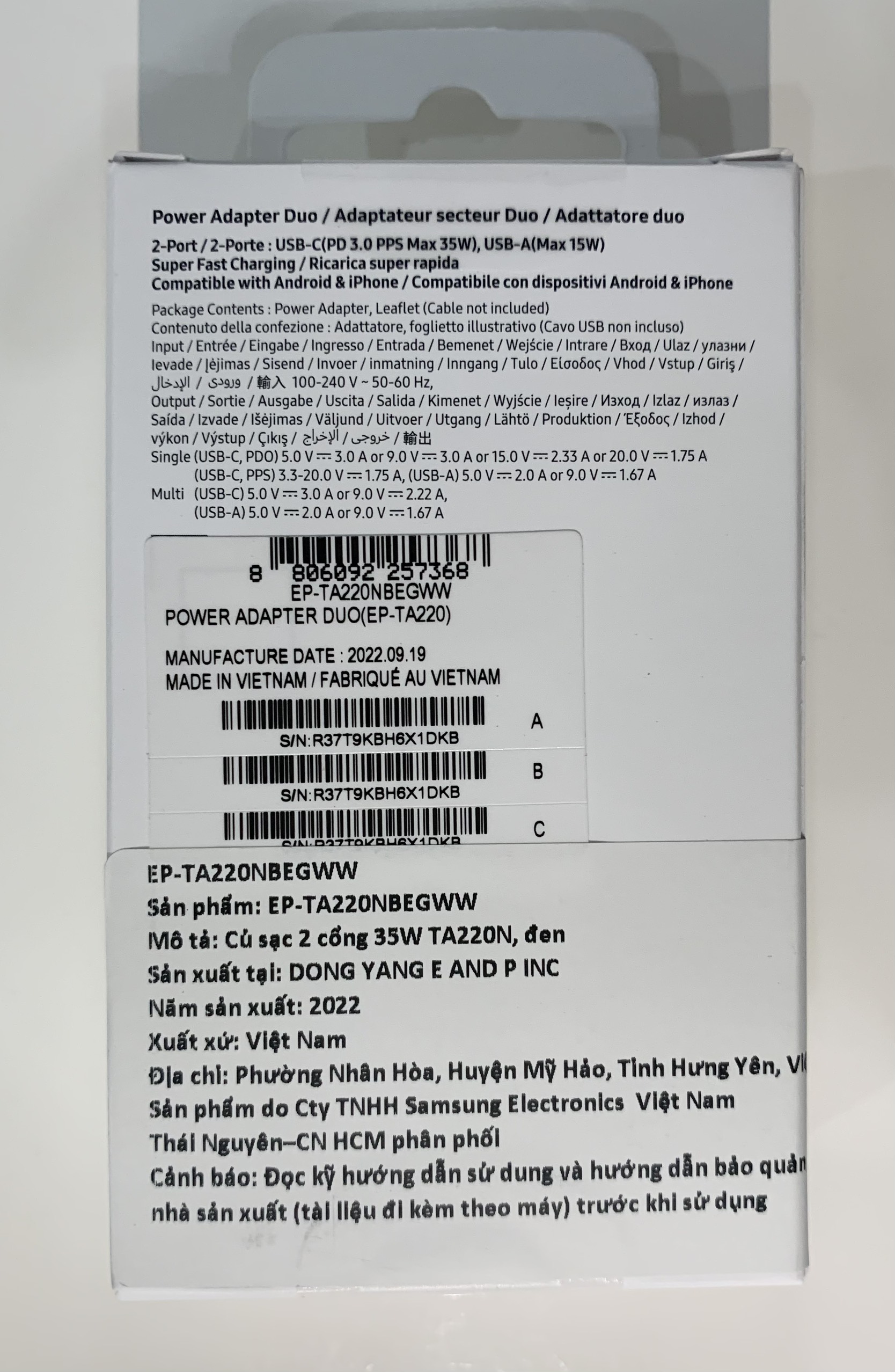 Sạc nhanh Samsung 35W (Không kèm cáp) EP-TA220N - Hàng Chính Hãng