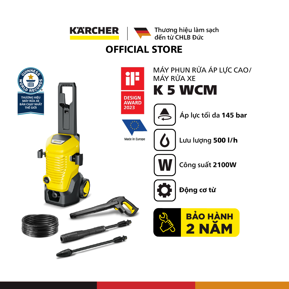 [Sản xuất Châu ÂU] Máy phun rửa áp lực cao Karcher K 5 WCM - Động cơ từ - Công suất 2100W - Bảo hành 24 tháng - Hàng Chính Hãng