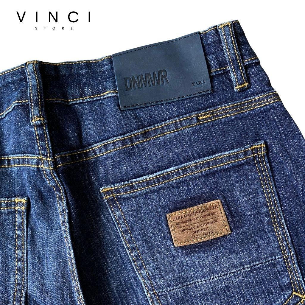 Quần Jean Nam Vnxk Xanh Trơn Slim Fit Ống Côn Chất Bò Co Dãn