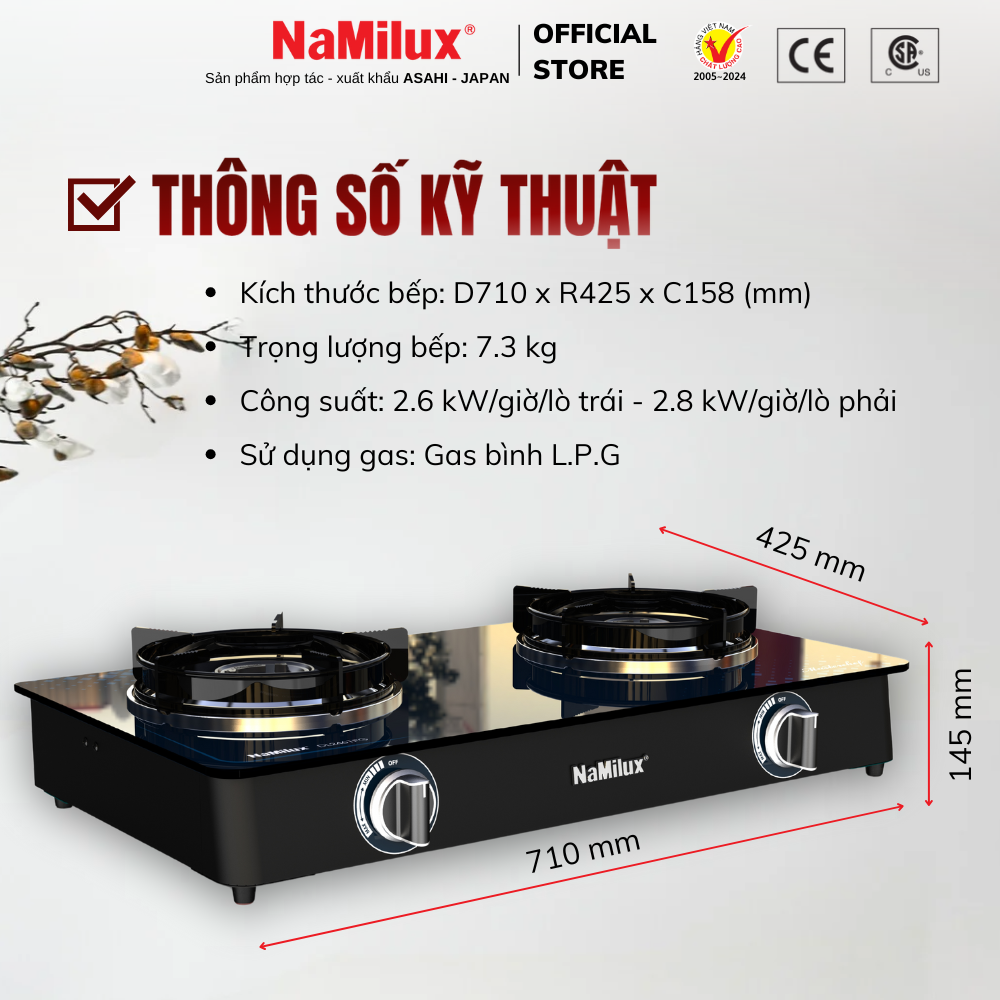 Bếp Gas Đôi Mặt Kính Cao Cấp NaMilux NH-DL3416PG/DL2461PG - Công Suất 2.8 kW/giờ/lò phải - Kiềng Bếp Tráng Men -Hàng Chính Hãng
