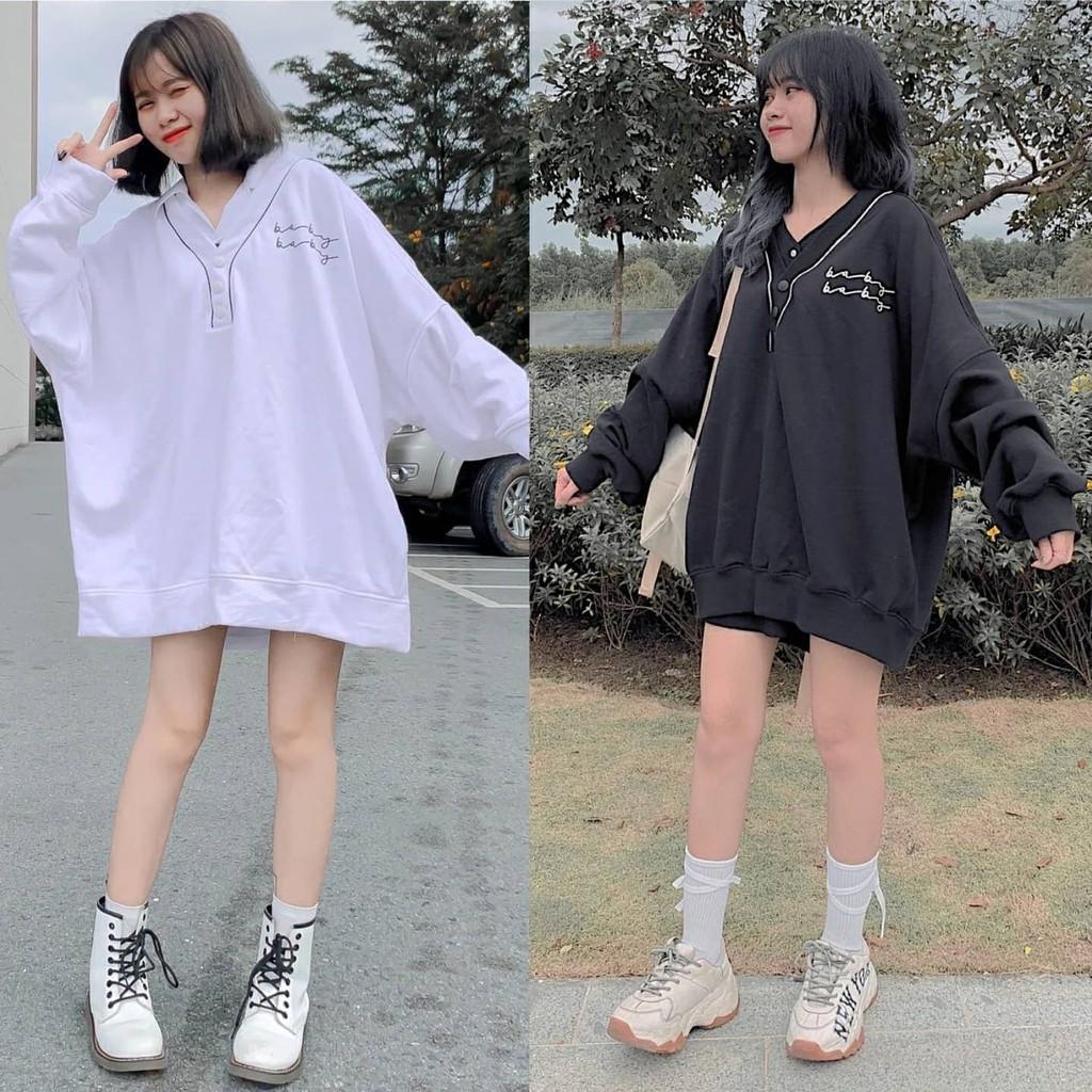 Áo Sweater Nỉ BABY Viền Cổ Phối Nút Form Rộng Ulzzang (Ảnh Thật)