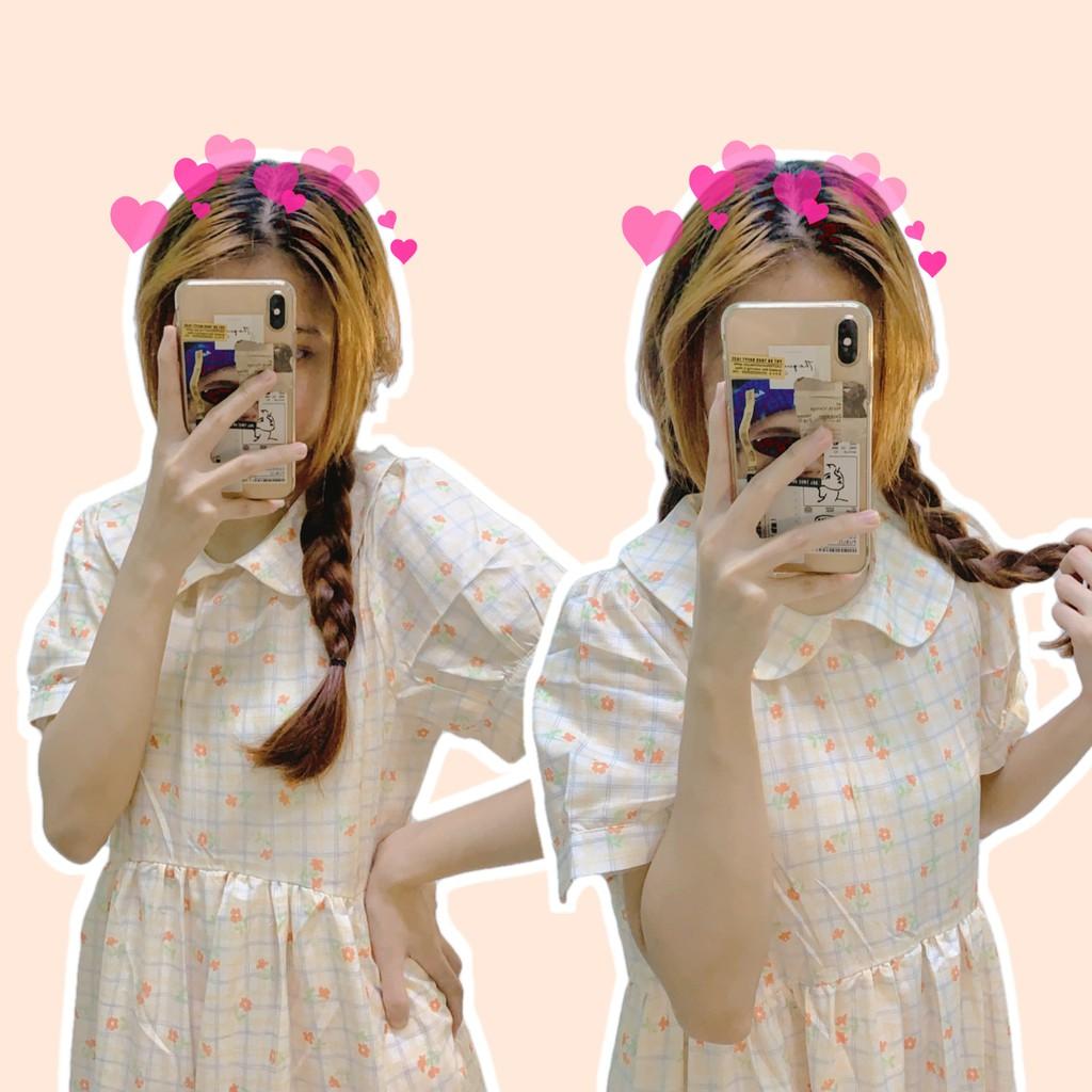 Đầm Dài Midi Cổ Sen Kẻ Sọc Caro Hoạ Tiết Hoa Nhí Ulzzang