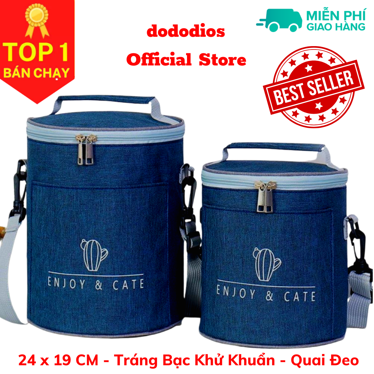 Túi đựng hộp cơm giữ nhiệt cao cấp hình trụ - tráng bạc diệt khuẩn - có quai đeo - chính hãng dododios