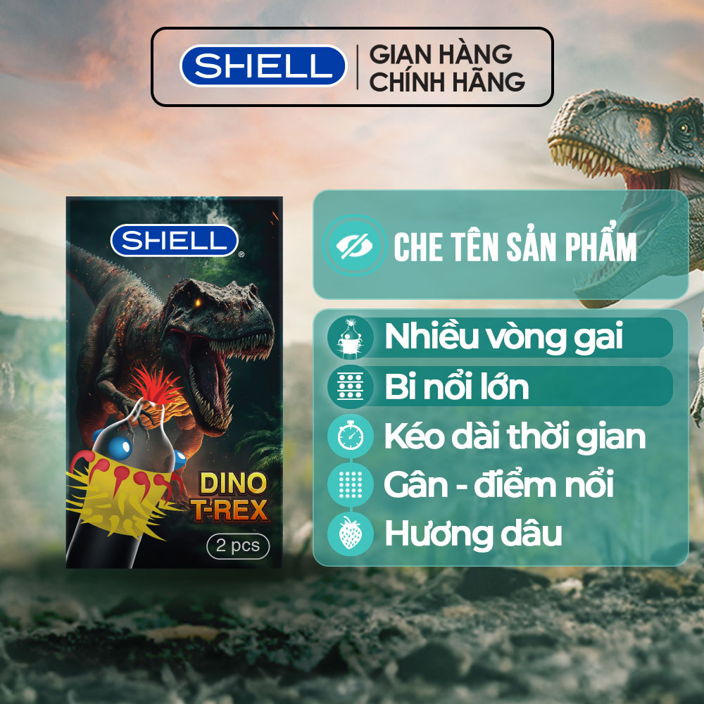 Bao cao su Shell Dino T-rex - 1 bao nhiều vòng gai, bi nổi lớn + 1 bao Shell Performax (Hộp 2 cái) | SHELL CHÍNH HÃNG