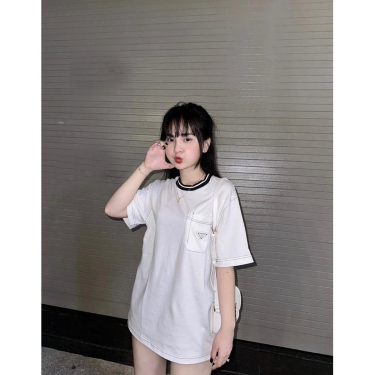 Áo Phông Tay Lỡ Unisex Túi Ngực Đính Logo Đẹp Áo Thun Chỉ Nổi Viền Cổ Form Rộng