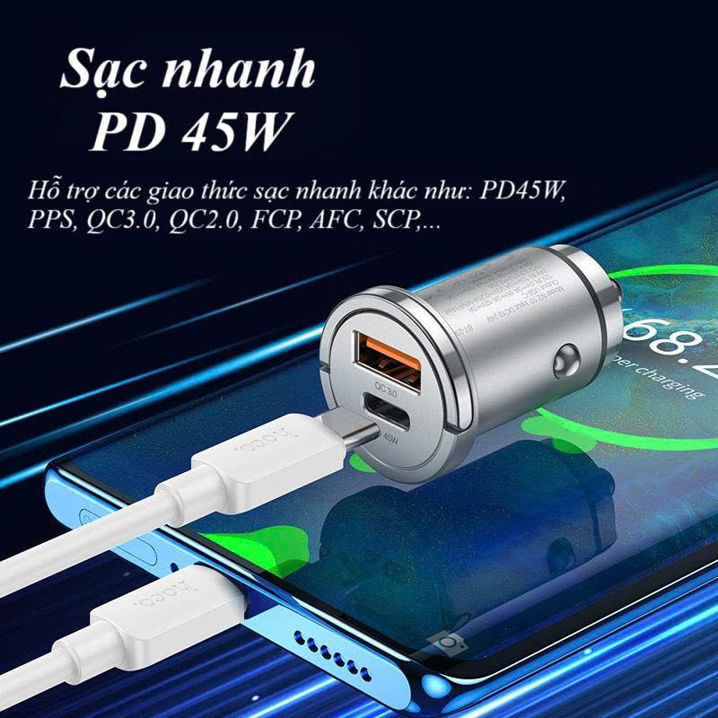 Tẩu sạc nhanh ô tô 45W Ho,co NZ10 với 2 cổng Type C + USB, sạc PD45W + QC3.0, có móc treo - Hàng chính hãng