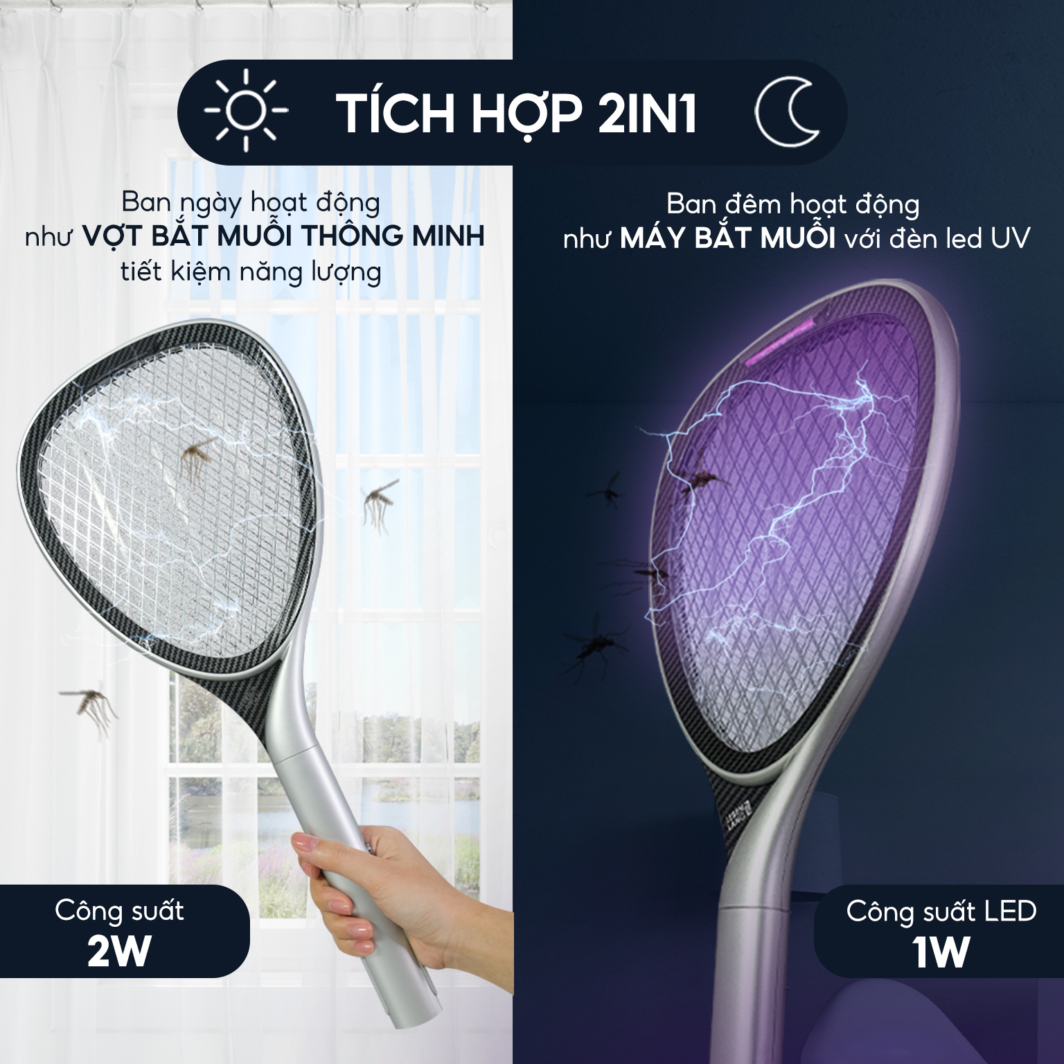 Vợt muỗi điện thông minh Lebenlang LBL0101, kiêm đèn bắt muỗi 2in1 tự động, công suất 2W, an toàn khi sử dụng, bảo hành 2 năm - hàng chính hãng