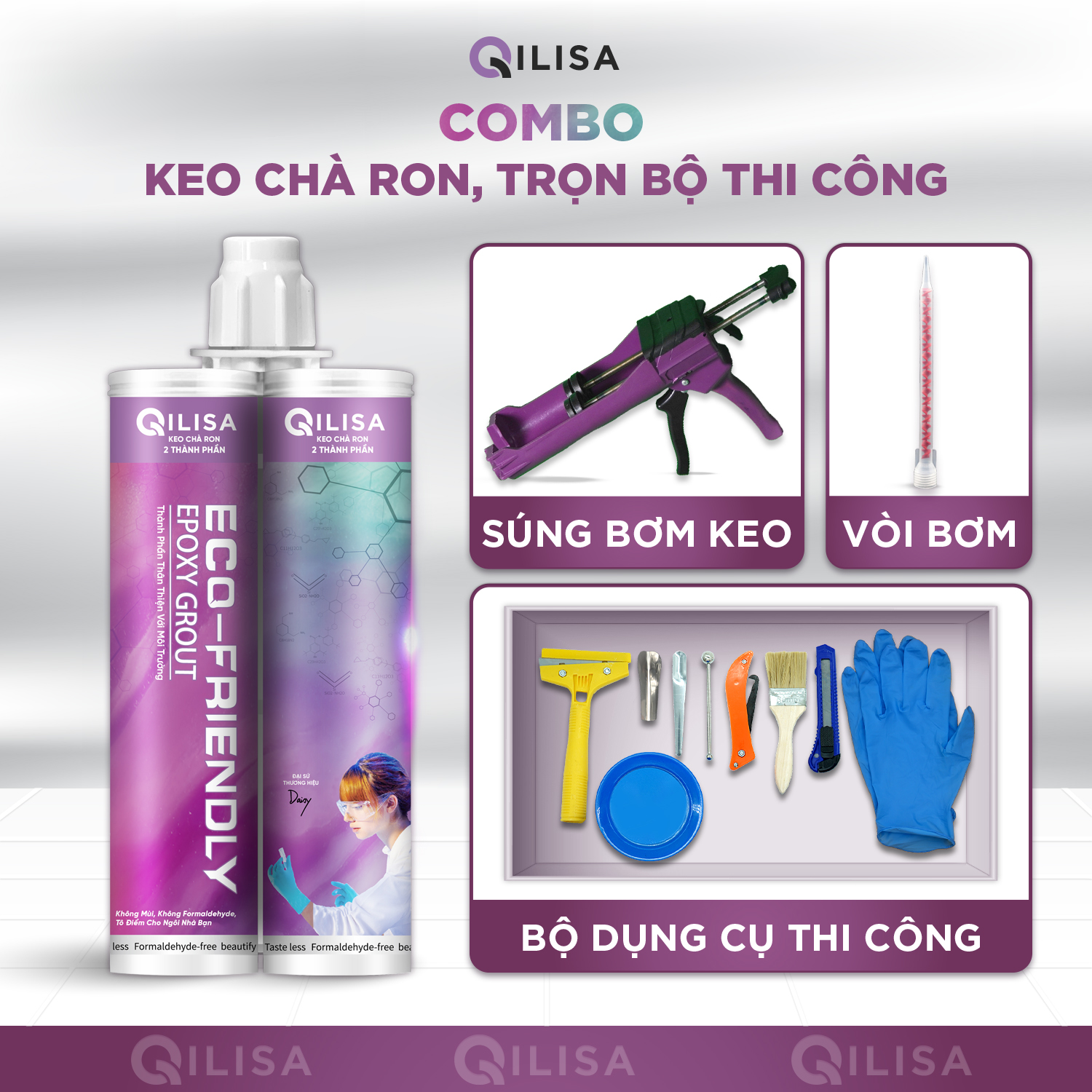 Combo Keo Chà Ron Qilisa và Dụng Cụ Thi Công Keo Chà Ron (Đã Bao Gồm Súng Bơm Keo)