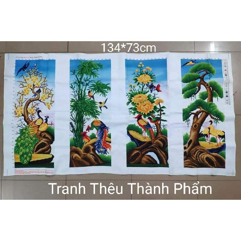 (Đã thêu) Tranh thêu thành phẩm tứ quý mai lan cúc trúc 130*55cm