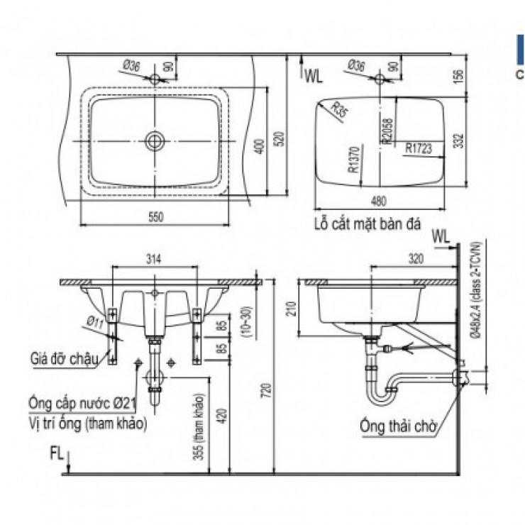 Chậu Rửa Lavabo Inax L-2298V Âm Bàn Chữ Nhật