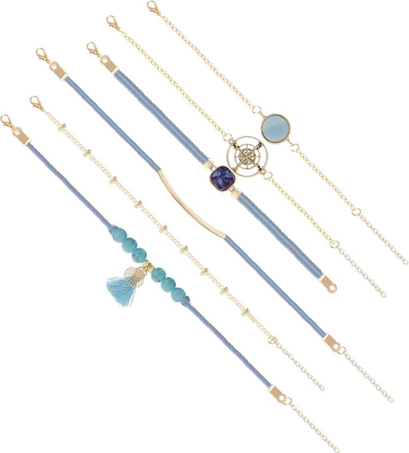 Set 6 vòng tay nữ họa tiết La bàn vỏ sò tua rua đính cườm xanh nước biển