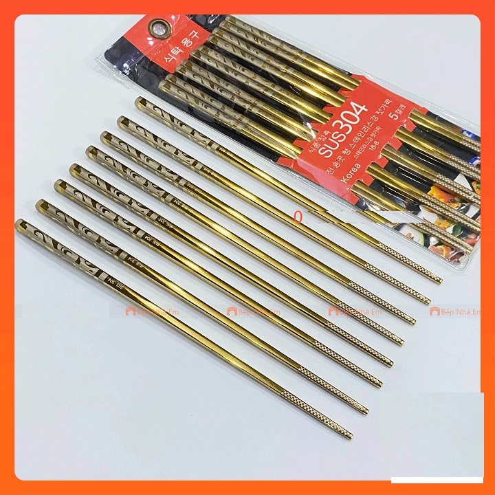 Bộ 5 đôi đũa inox 304 màu vàng cao cấp