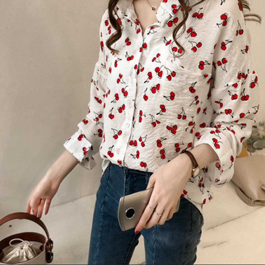 Áo sơ mi nữ vải lụa thời trang công sở in họa tiết cherry nhỏ tươi