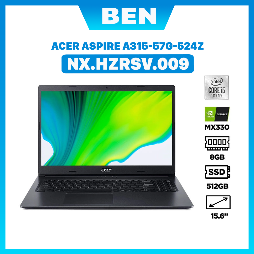 Laptop Acer Aspire 3 A315-57G-524Z NX.HZRSV.009 (Core i5-1035G1/ 8GB (4GB Onboard+4GB) DDR4 2666MHz/ 512GB SSD M.2 PCIE/ MX330 2GB GDDR5/ 15.6 FHD/ Win10) - Hàng Chính Hãng