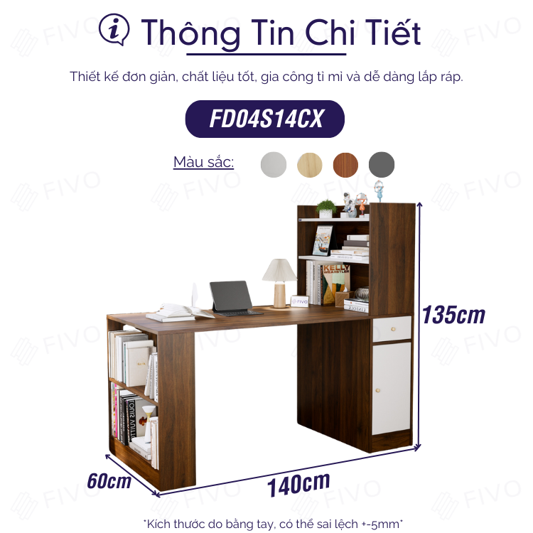 Bàn Học, Bàn Làm Việc Kết Hợp Kệ Sách FD04 FIVO, Gỗ Chống Ẩm Cao Cấp, Lắp Ráp Đơn Giản, Thiết Kế 3 Trong 1