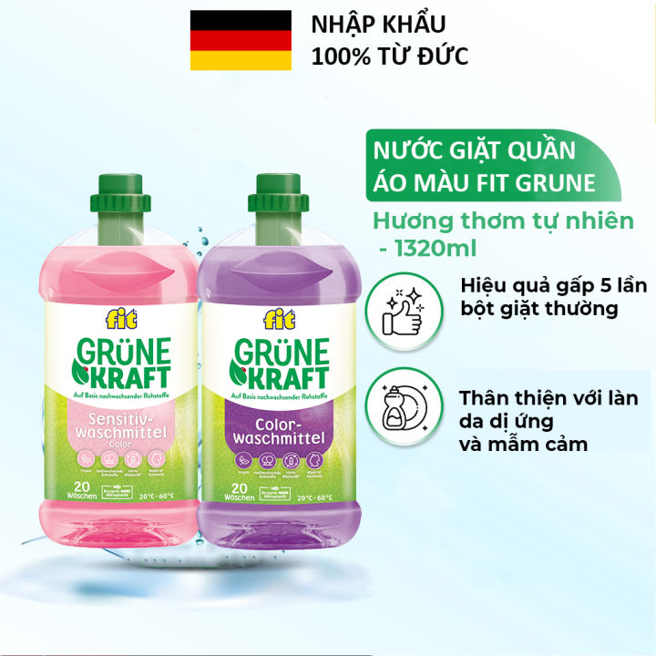 Nước giặt dịu nhẹ cho quần áo màu sức mạnh thiên nhiêh fit Grüne Kraft chai 1,32L