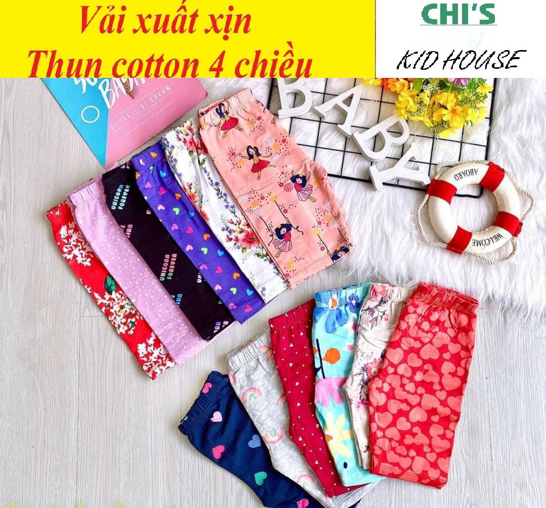 SET 5 LEGGING LỬNG/ QUẦN LỬNG QUA GỐI THUN COTTON 4 CHIỀU HOẠ TIẾT CHO BÉ GÁI HÀNG XUẤT DƯ ĐẸP 9-41KG