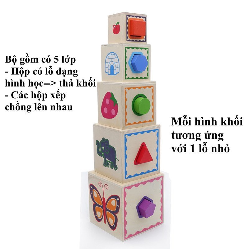 Đồ Chơi Gỗ Tháp Trí Lực 5 Tầng - Xếp Chồng - Thả Hình - Lồng Hộp