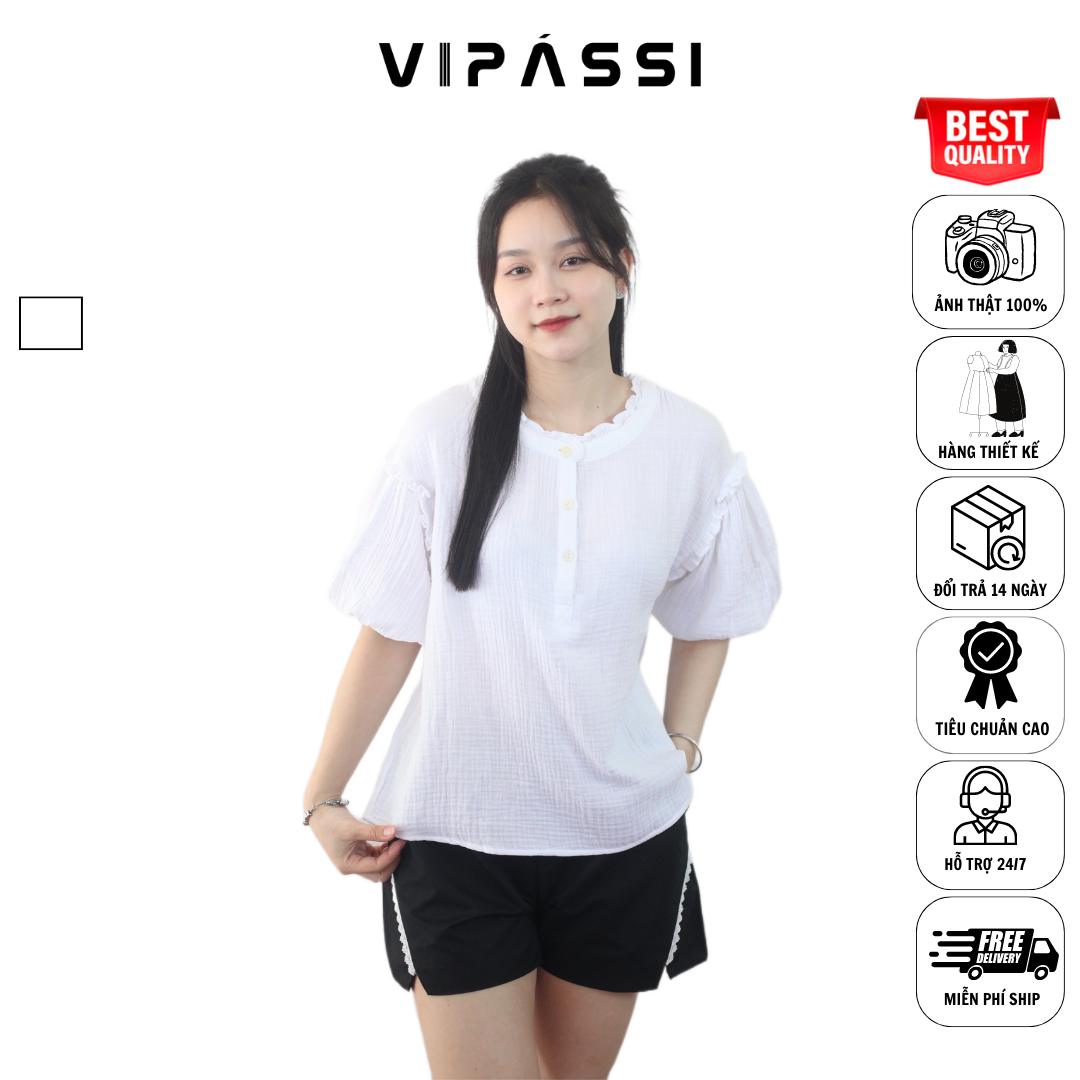VIPÁSSI Áo Baby Cotton Cổ Bèo Đính Nút Ngắn Tay Phòng Trắng