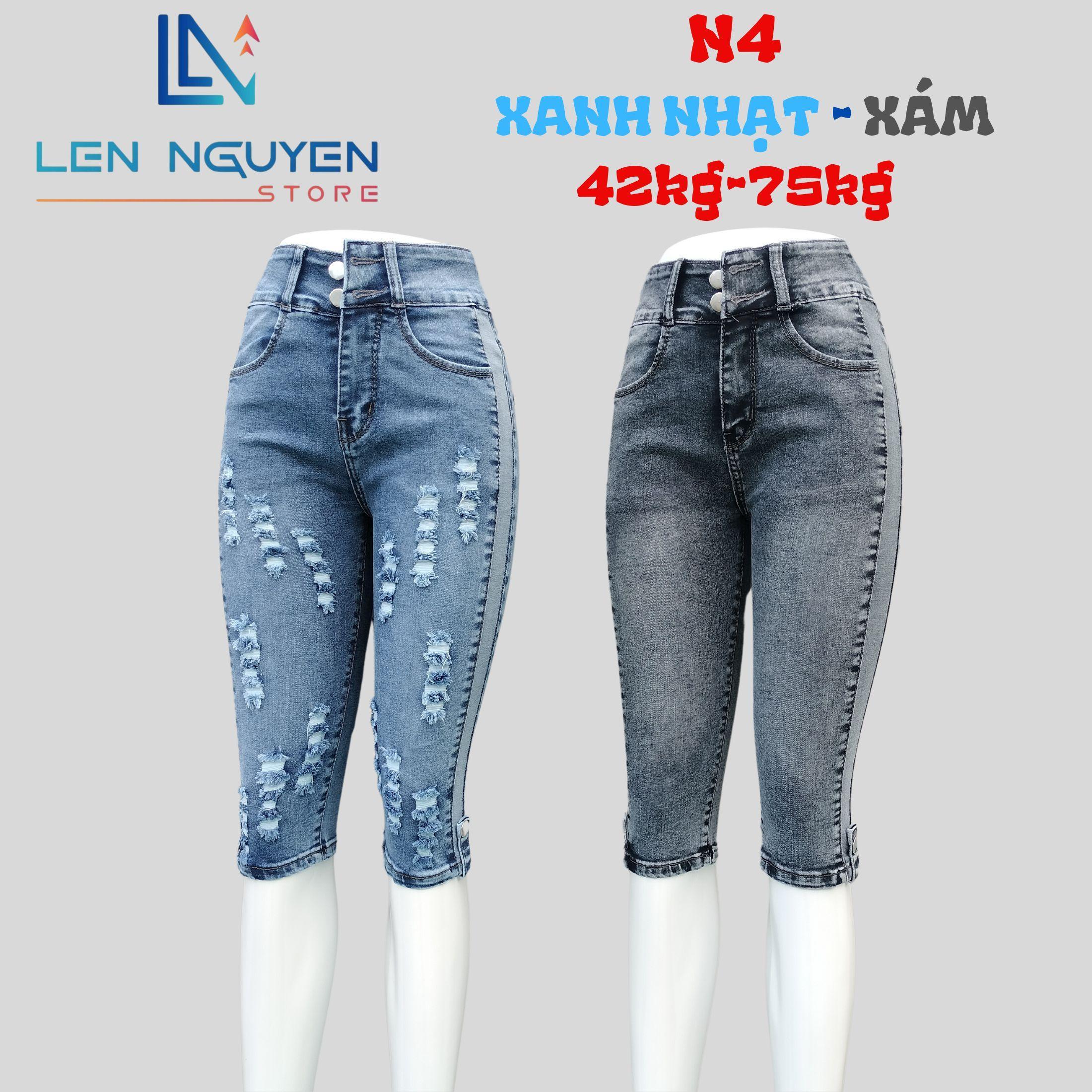 N4_Quần jean nữ, ngố 7 tất, lưng cao, quần bò nữ dáng ôm, quần rin nữ có big size, cho 42kg đến 75kg - Xanh Nhạt