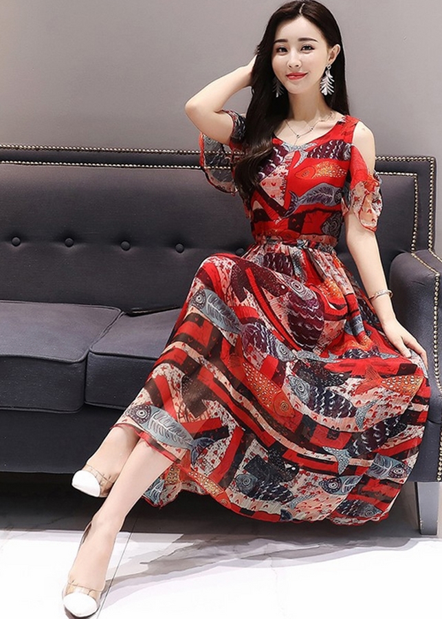 Đầm Nữ Maxi Voan Lụa Trễ Vai Họa Tiết Cá DM8A - Đỏ (Size