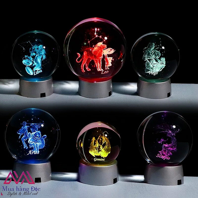 Quà Tặng Sinh Nhật  Quả Cầu Pha Lê 3D LED Cung Song Tử (tặng đế đèn + hộp quà)