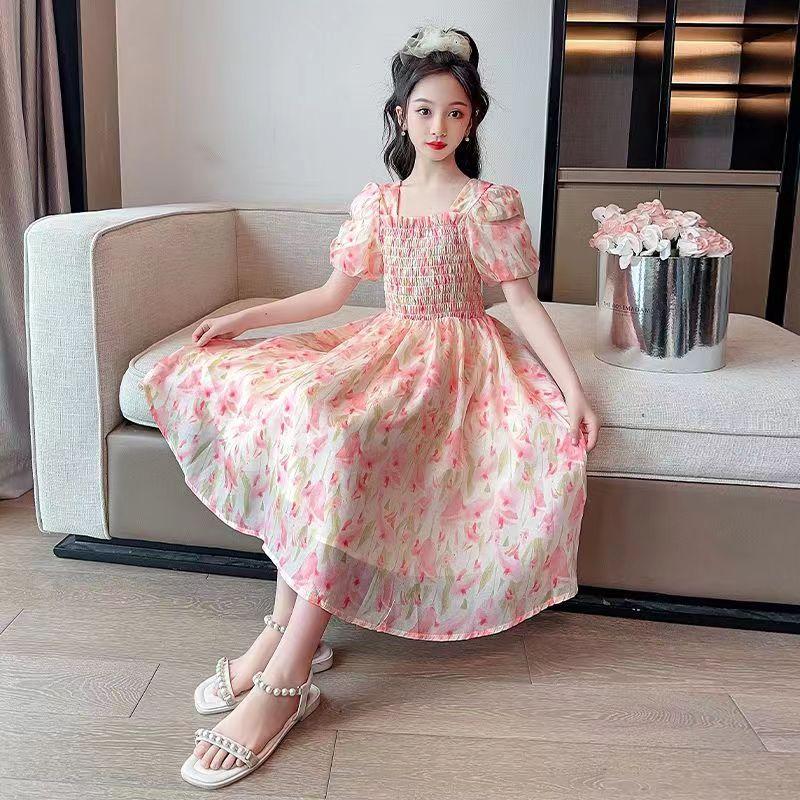 SHUANGYAN Cô gái váy mùa hè phong cách phương Tây 2023 Big Boy mùa hè váy chiffon mùa hè cô gái mảnh hoa mối tình đầu váy