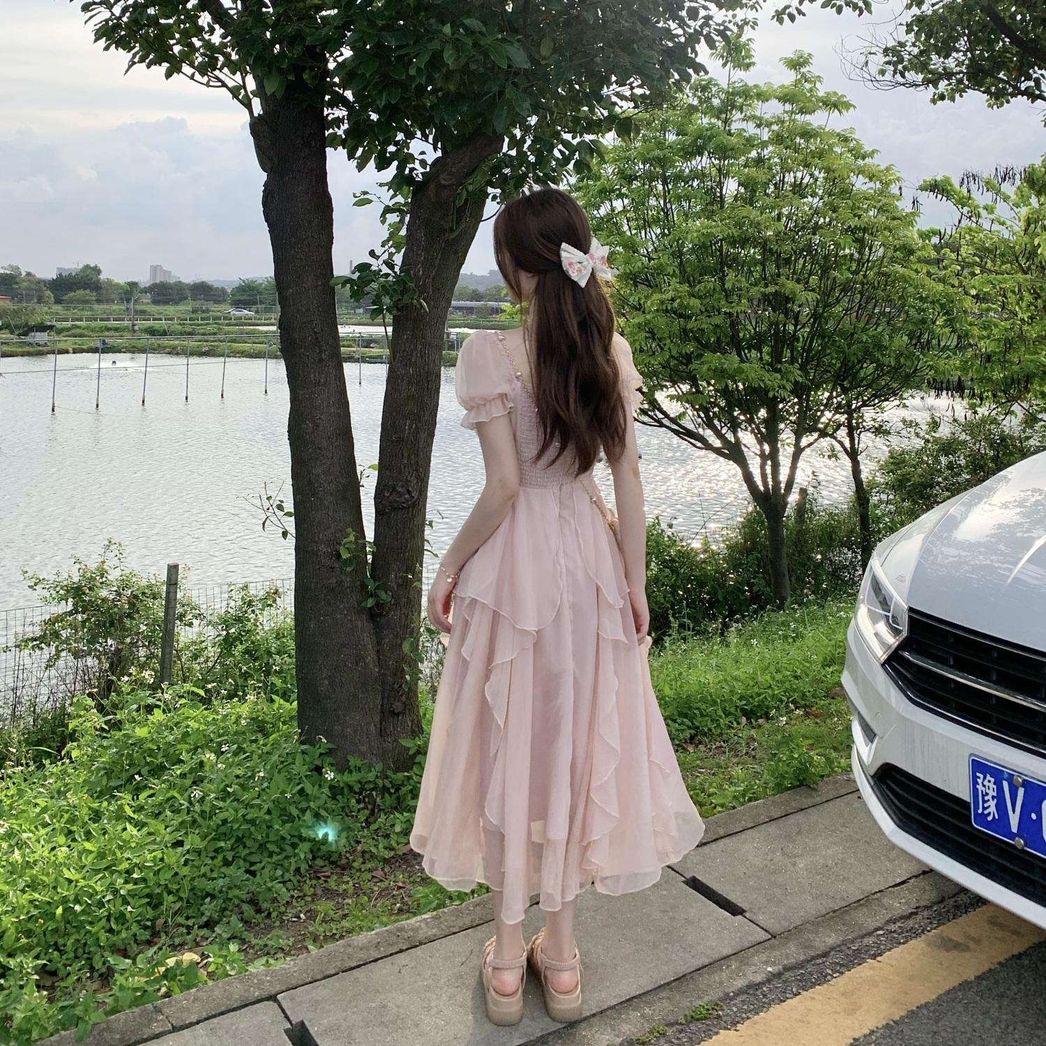 SHUANGYAN Phong cách Pháp cổ vuông nhẹ nhàng Fairy Wind Dress cho phụ nữ mùa hè 2023 Thắt lưng cho phụ nữ