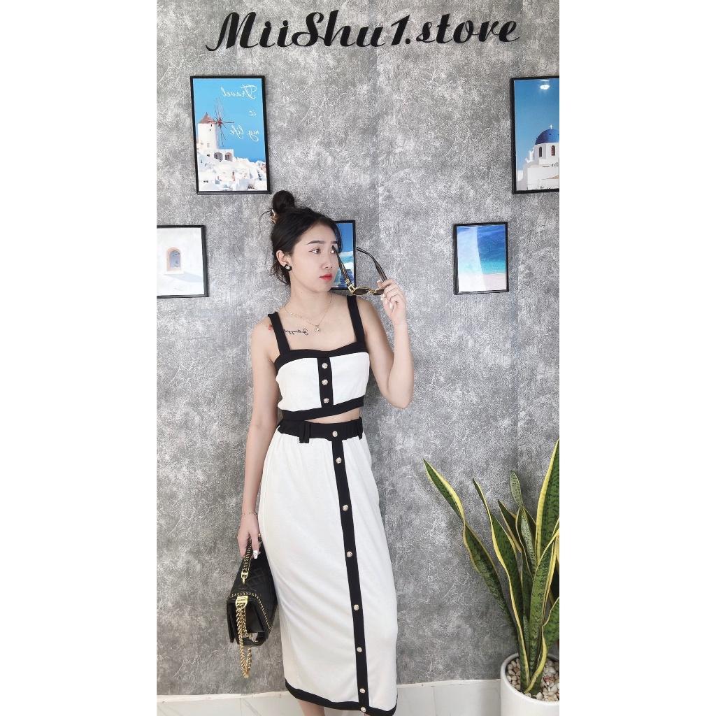 Set Bộ đồ hai mảnh nữ Tương phản áo hai dây kèm chân váy dài ôm body thanh lịch