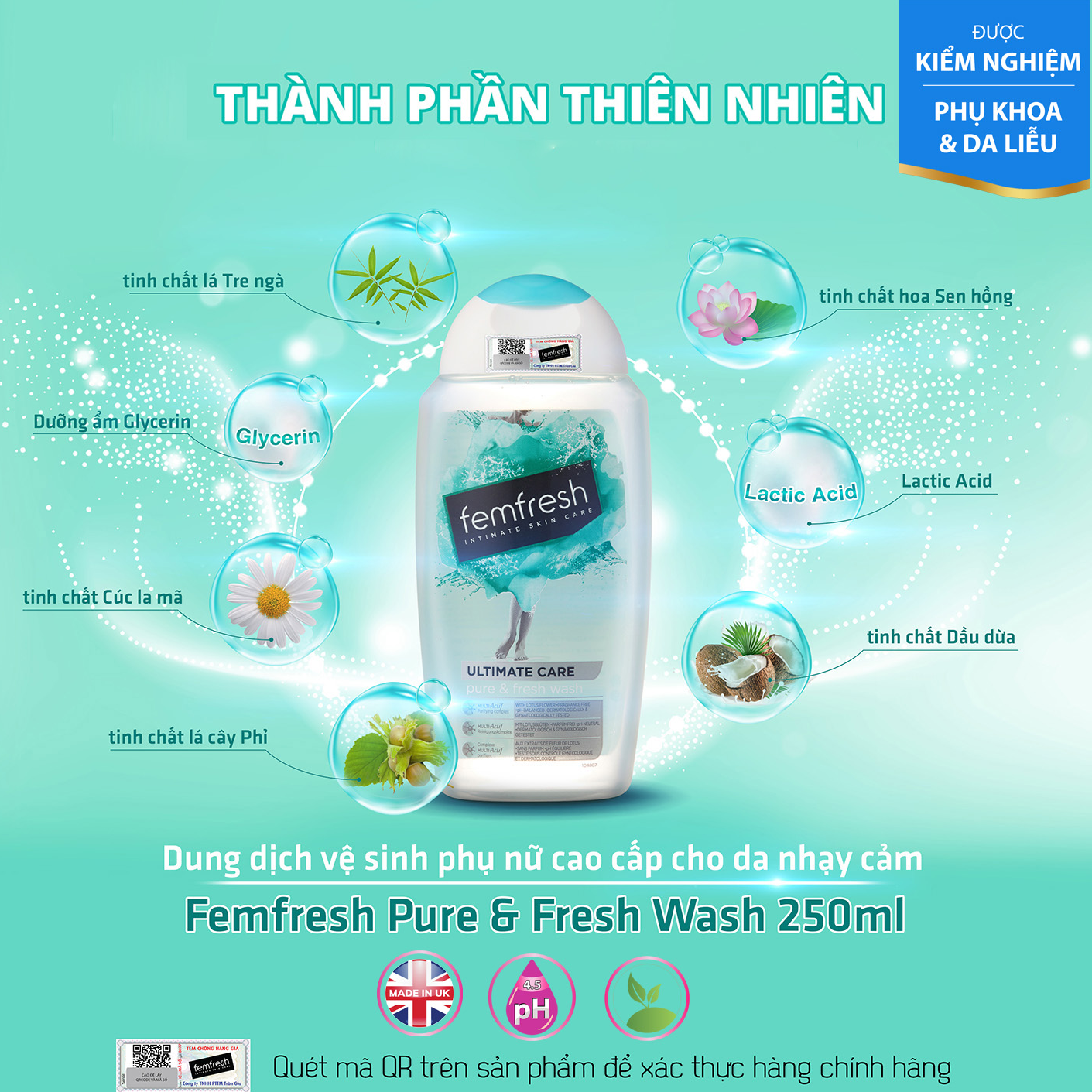 Dung dịch vệ sinh phụ nữ cao cấp cho da nhạy cảm Femfresh Pure &amp; Fresh Wash 250ml, làm sạch thơm, kháng viêm, kháng khuẩn